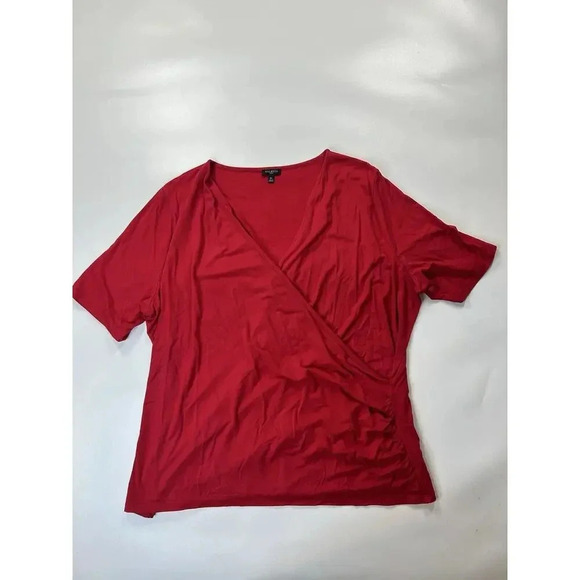 Talbots Top Women's 3X Faux Wrap V-Neck Ruched Casual Tee Red Stretch Rayon - Picture 1 of 7
